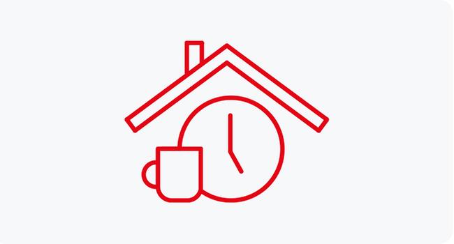 Grafik mit Kaffeetasse und Uhr, unter einem Dach